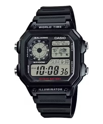 Casio Watch Digital World Time Illuminator Black AE-1200WH-1AVDF