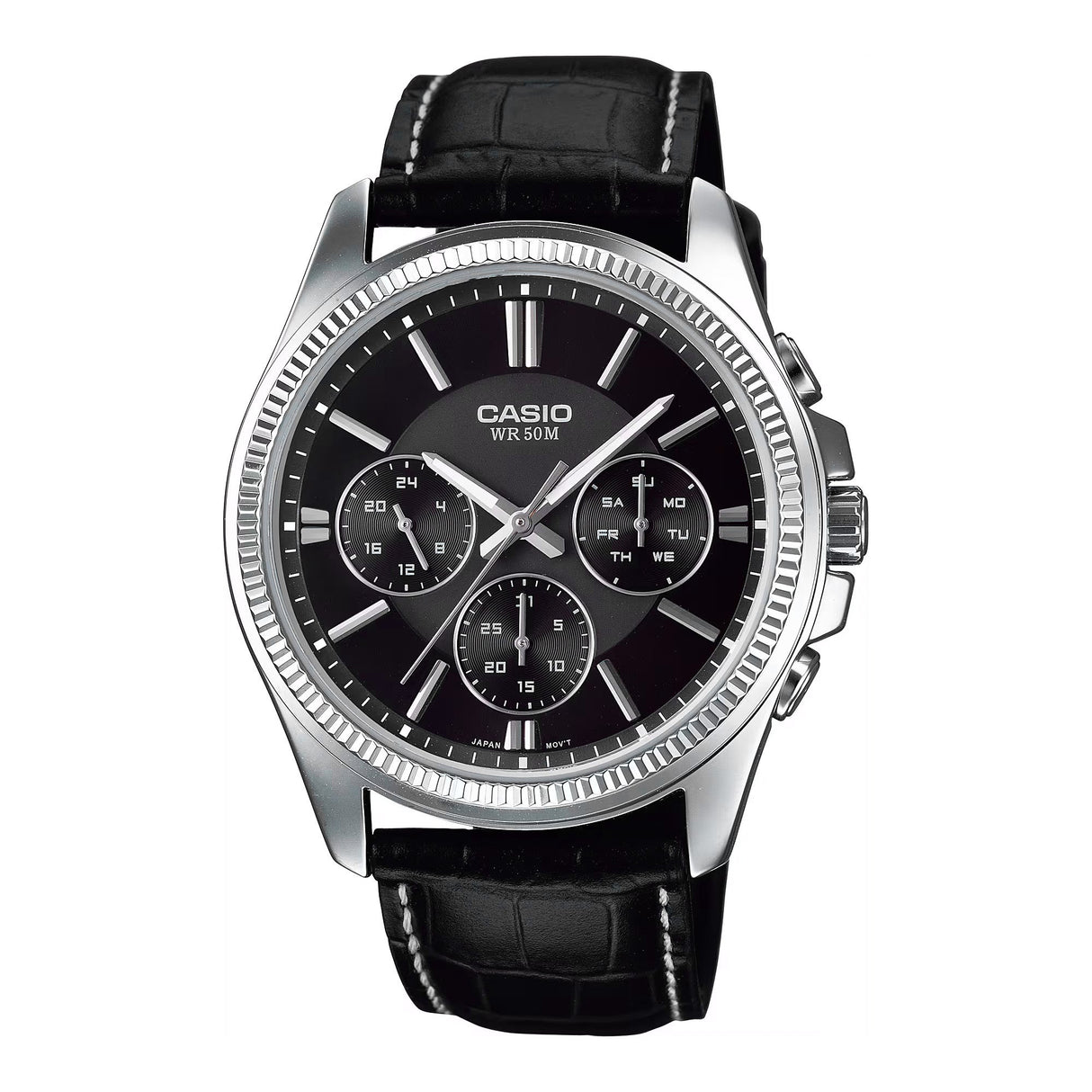 Casio Chrono 49mm Silver Men's Black Leather Analogue Watch