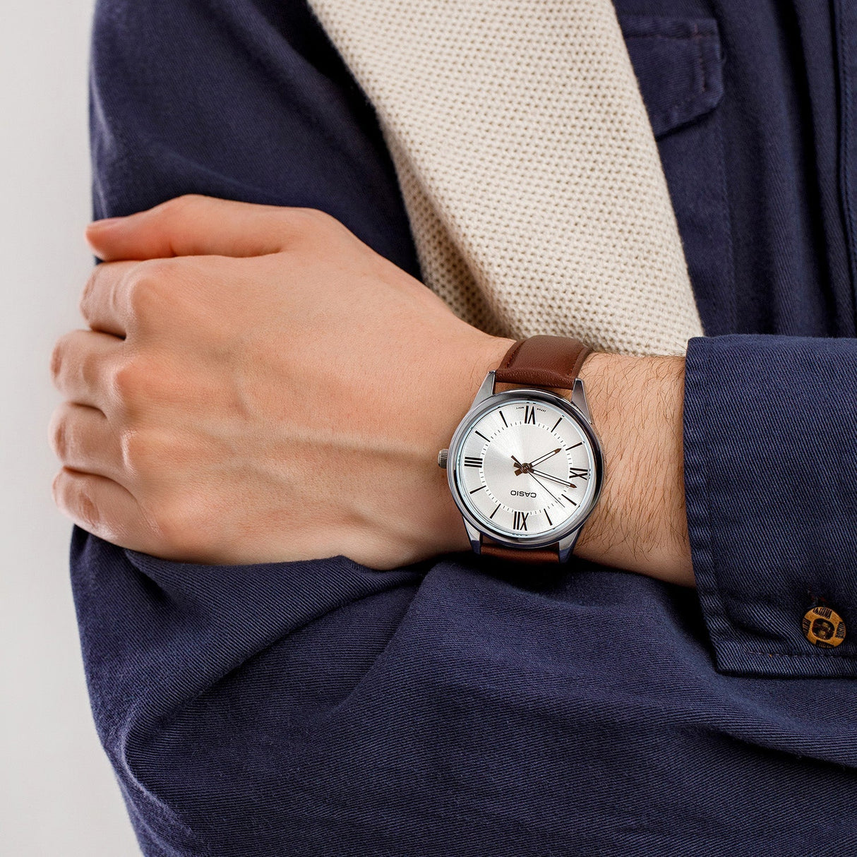 Casio Classic 40mm Silver Men's Brown Leather Analogue Watch