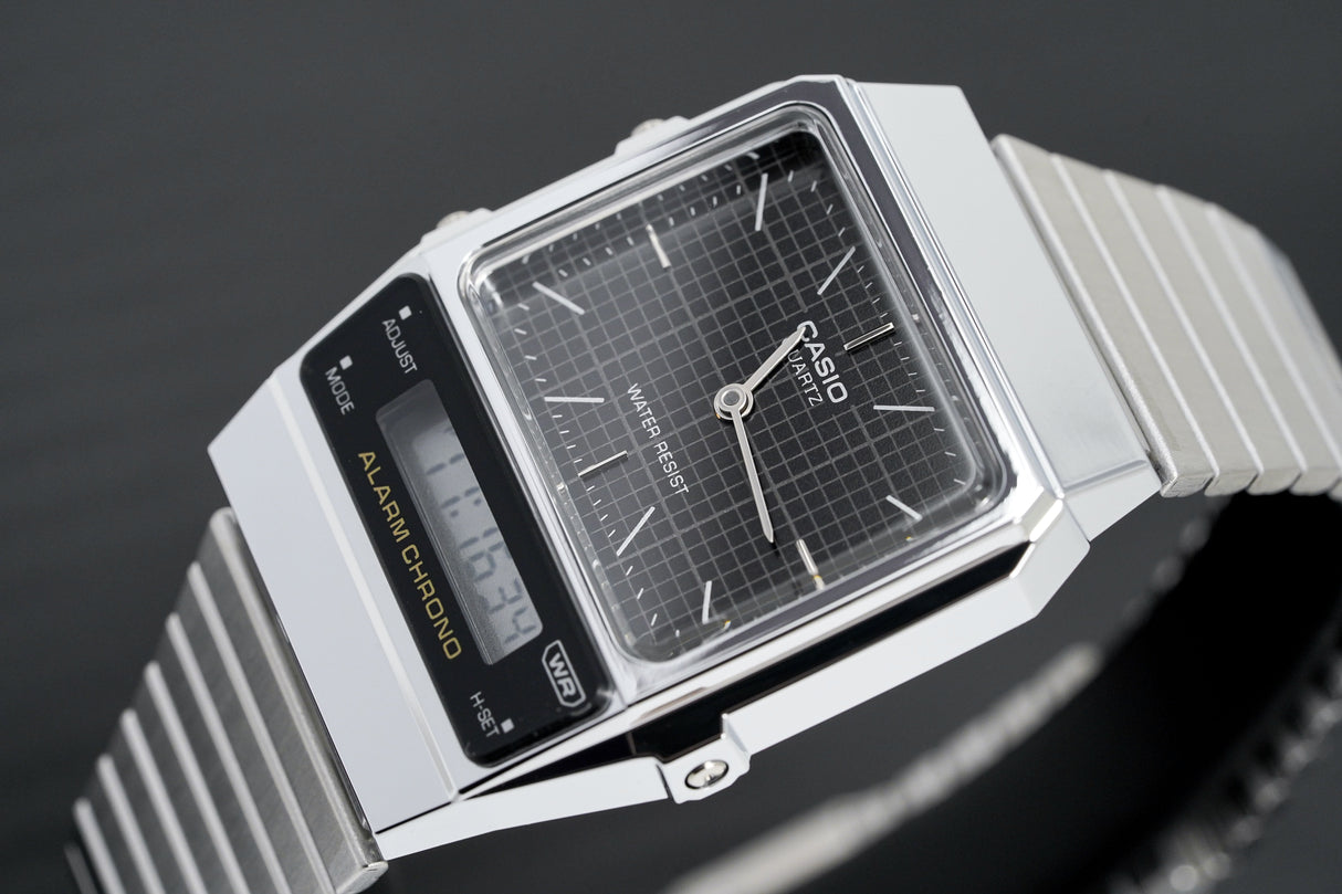 Casio Watch Vintage Dual Time Black Steel Flat Link AQ-800E-1ADF