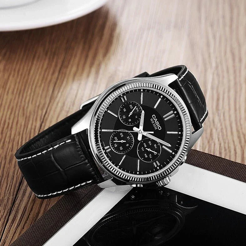 Casio Chrono 49mm Silver Men's Black Leather Analogue Watch