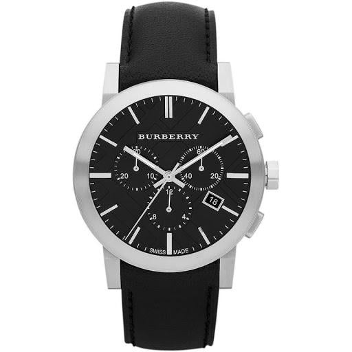 Analogue Watch - Mens City Black Leather Strap Chronograph Silver Burberry Watch BU9356