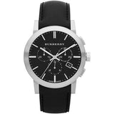 Analogue Watch - Mens City Black Leather Strap Chronograph Silver Burberry Watch BU9356