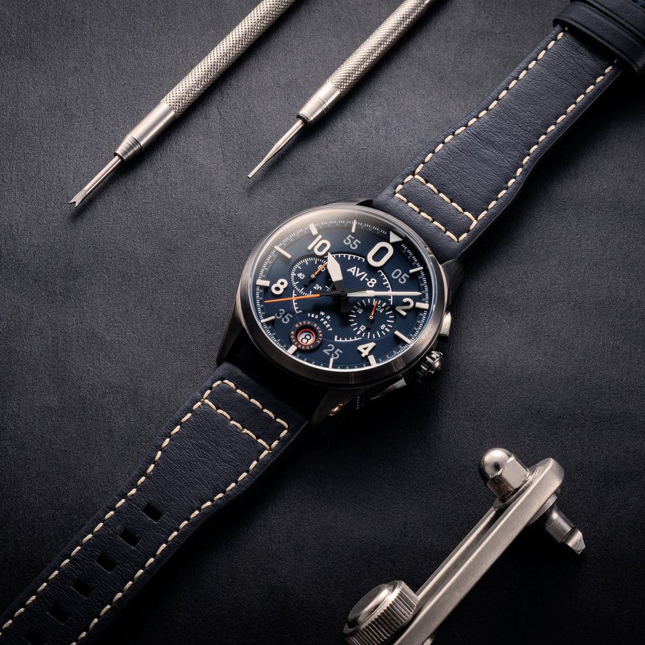 Pilot Watch - AVI-8 Spitfire Lock Channel Blue Chrono Watch AV-4089-04